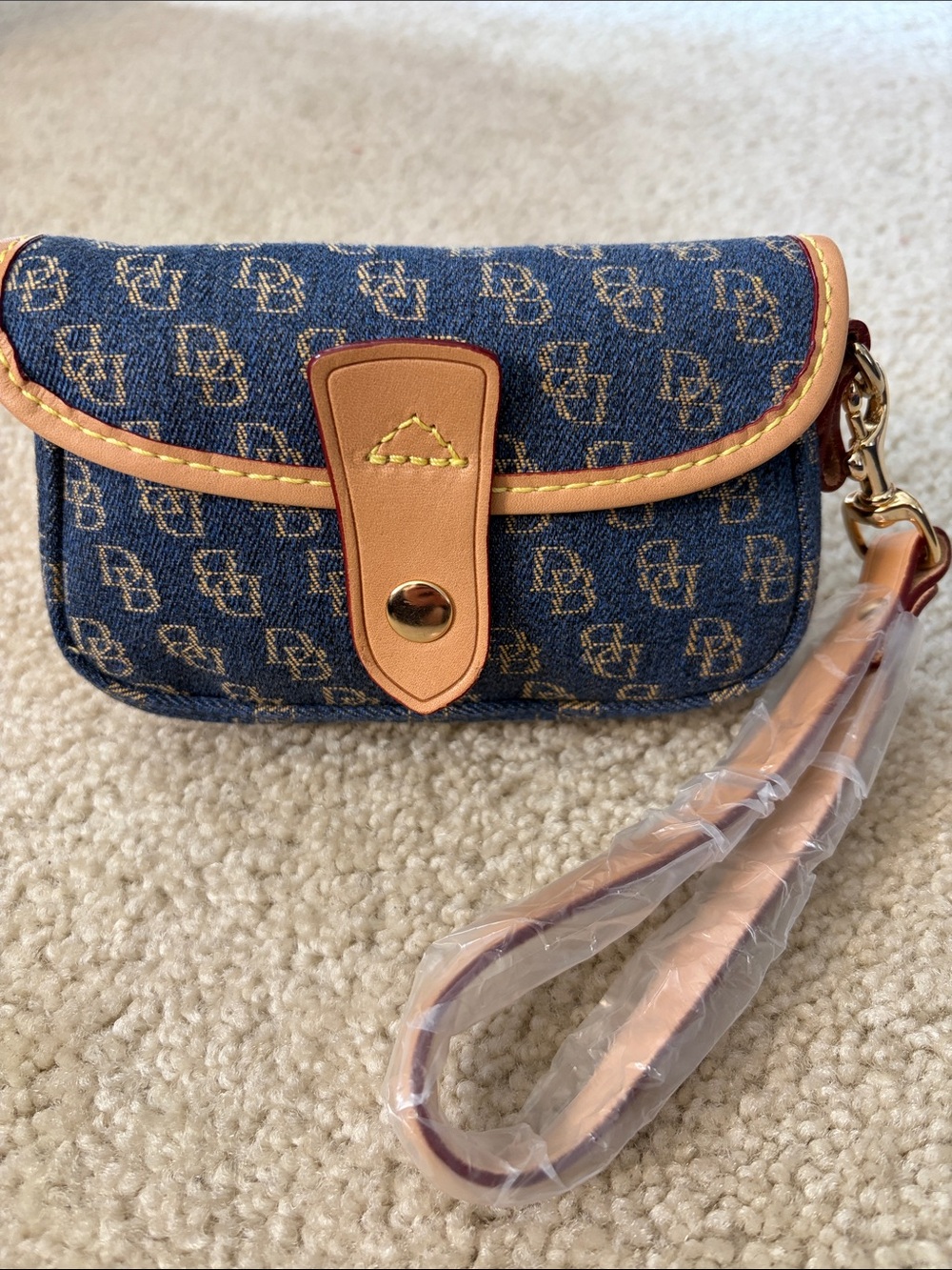 Dooney & Bourke Blue Denim Monogram Wristlet Clutch with Tan Trim - NWOT